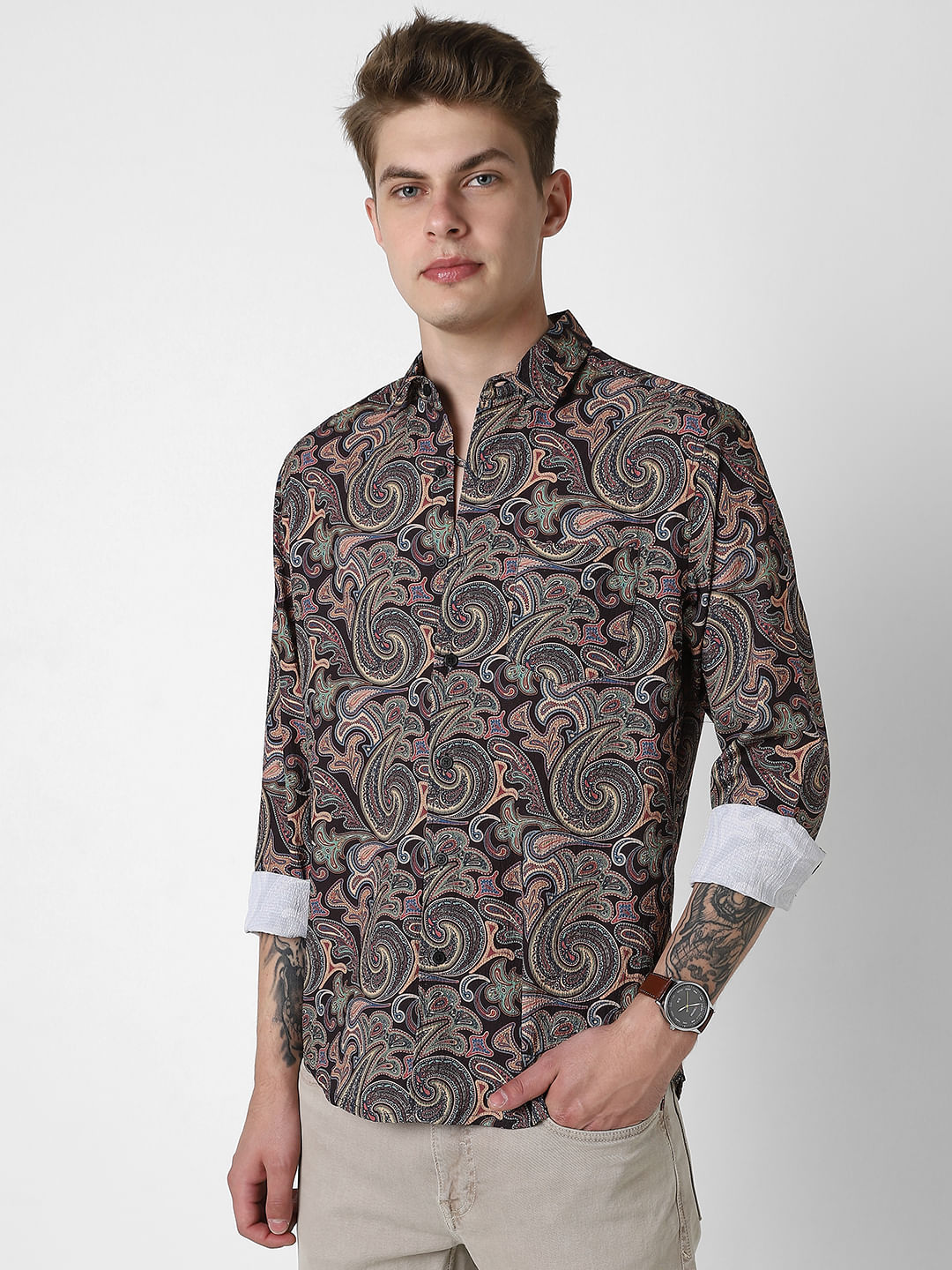 Futuristic Fusion Black Paisley Creased Shirt