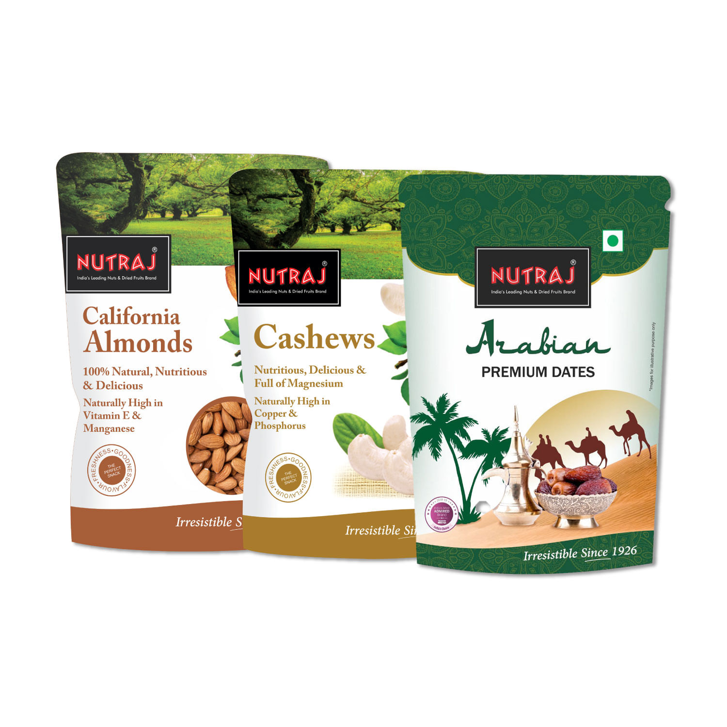 Nutraj Gold Arabian Dates (500g) and Nutraj Cashew Nuts W320 (250g) and Nutraj California Almonds (250g)
