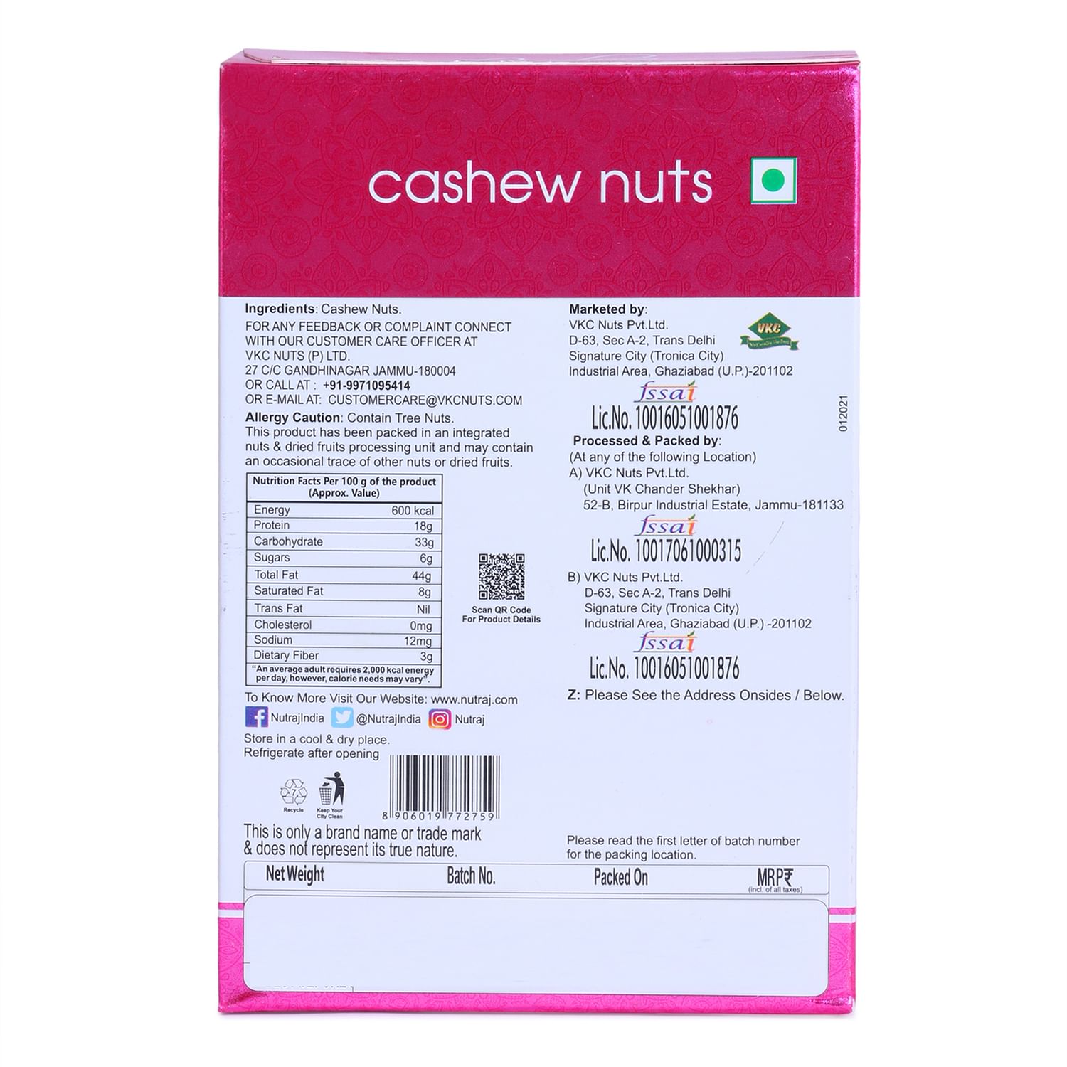 Nutraj Signature Cashew Nuts (Plain) W240 200g - Vacuum Pack