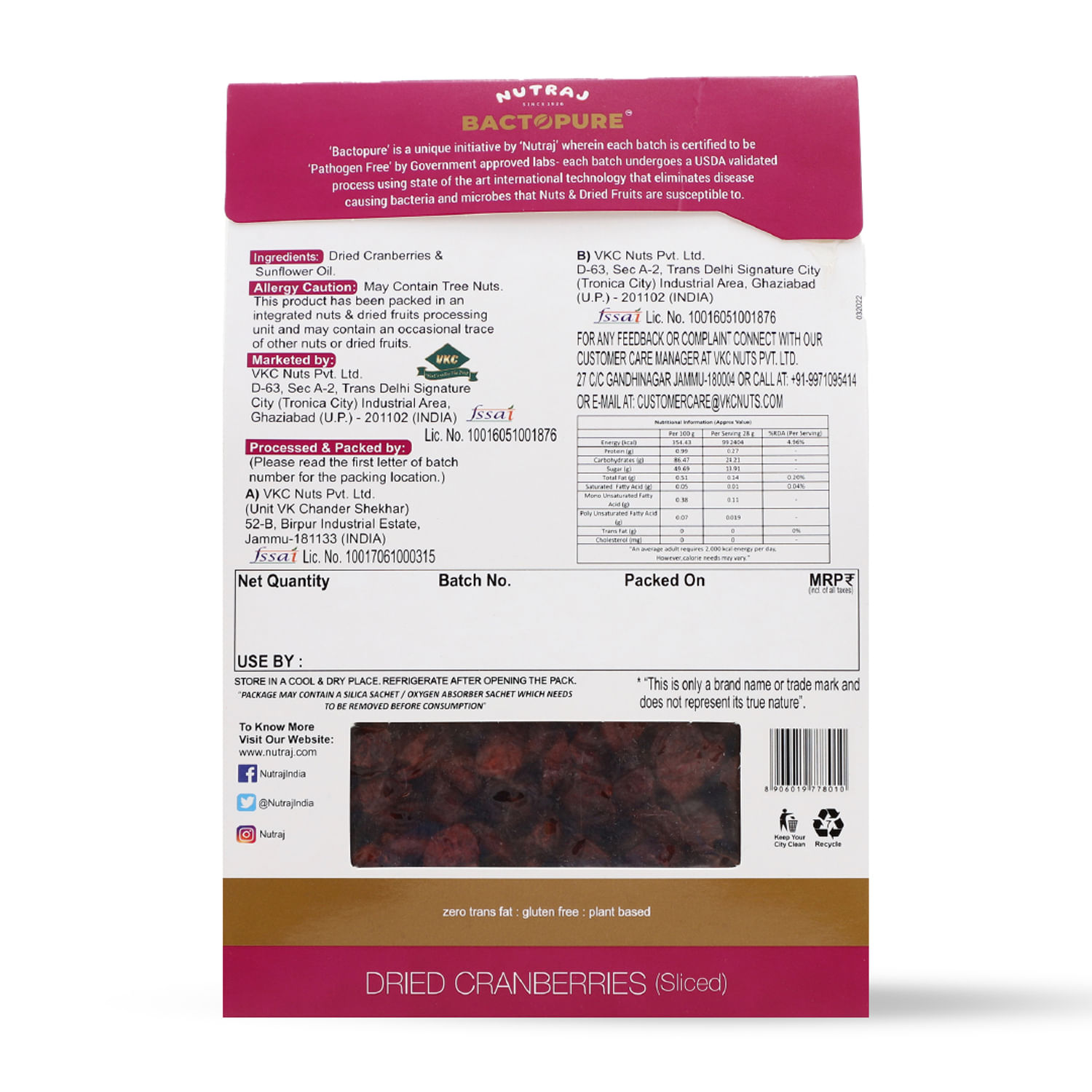 Bactopure Cranberries Sliced 200 gm