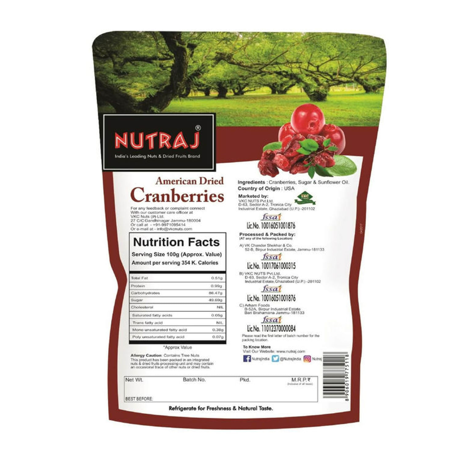 Nutraj Sweet and Tart Sliced American Dried Cranberries 720g (4 X 180g)