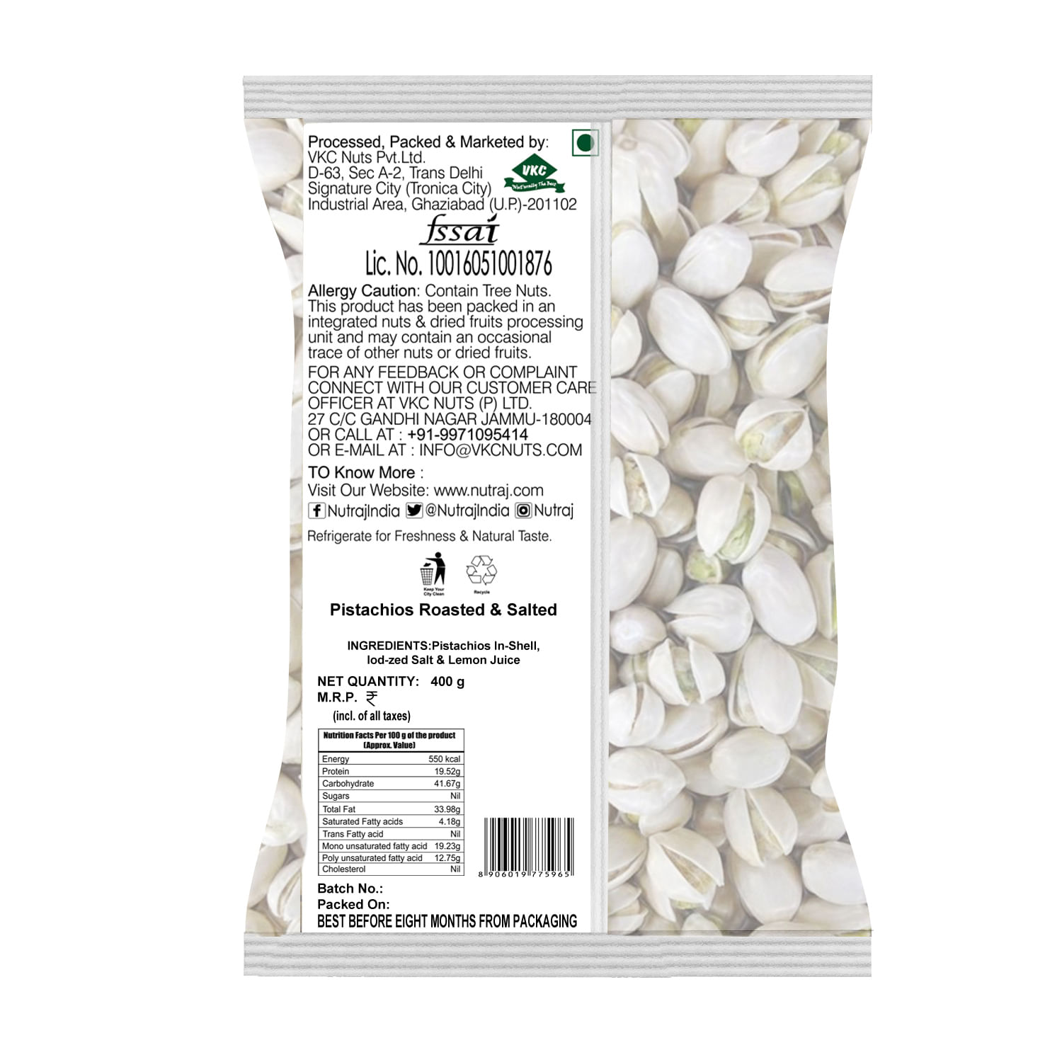 Nutraj Roasted and Salted Pistachios 800g (2 X 400g)