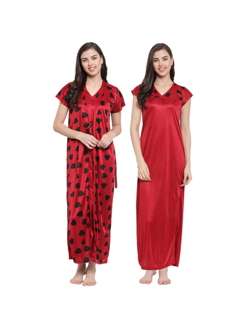 Secret Wish Women's Red Satin Printed Robe Set (Free Size)