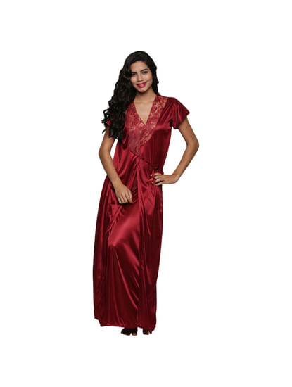 Secret Wish Women's Satin Maroon Nighty, Nightdress Set Of 2 (Free Size, BI-15-Maroon-FS)