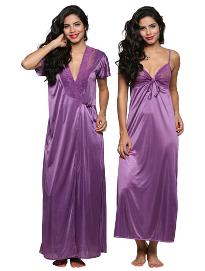 Secret Wish Women's Satin Purple Nighty, Nightdress Set Of 2 (Free Size, BI-17-Purple-FS)