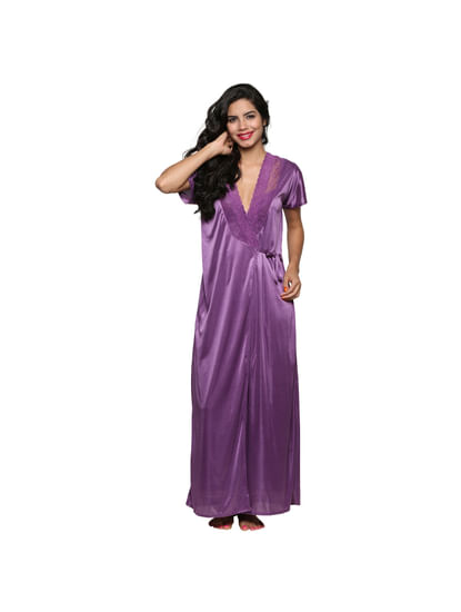 Secret Wish Women's Satin Purple Nighty, Nightdress Set Of 2 (Free Size, BI-17-Purple-FS)