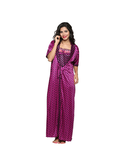 Secret Wish Women's Satin Purple Nighty, Nightdress Set Of 2 (Free Size)