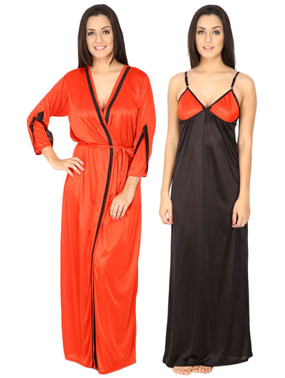 Secret Wish Women's Satin Orange Long Nighty with Robe (Free Size)