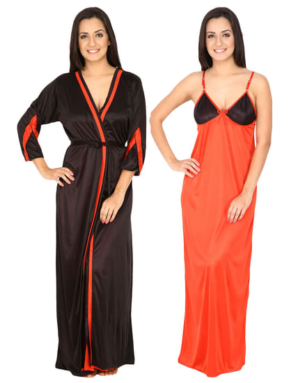 Secret Wish Women's Satin Black Long Night Dress With Robe Set (Black, Free Size)