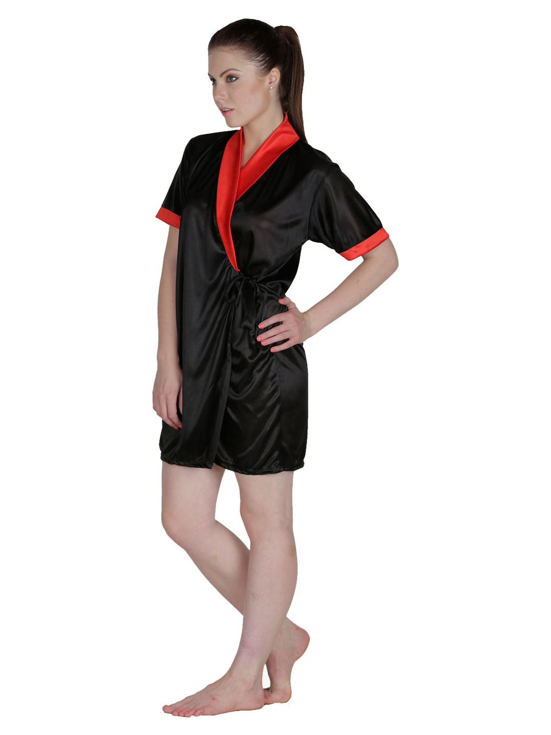 Secret Wish Women's Satin Red, Black Robe, Housecoat (Free Size, HC-52)