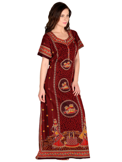 Secret Wish Women's Brown Cotton Printed Maxi Nightdress 
