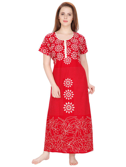 Secret Wish Women's Cotton Red Floral Printed Nighty (Free Size)