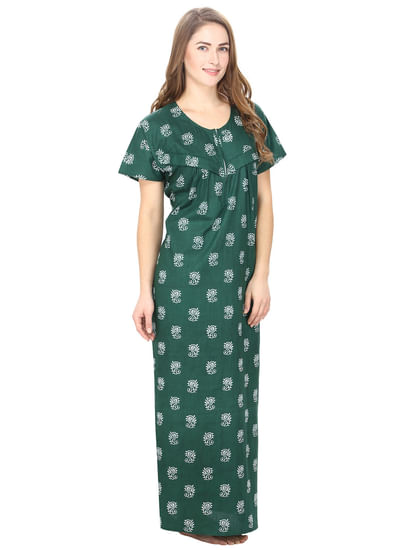 Secret Wish Women's Cotton Green Printed Maternity Nighty (Free Size)