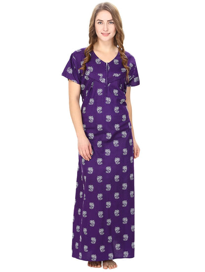 Secret Wish Women's Cotton Purple Printed Maternity Nighty (Free Size)