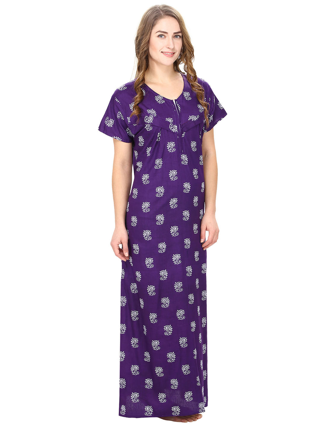 Secret Wish Women's Cotton Purple Printed Maternity Nighty (Free Size)
