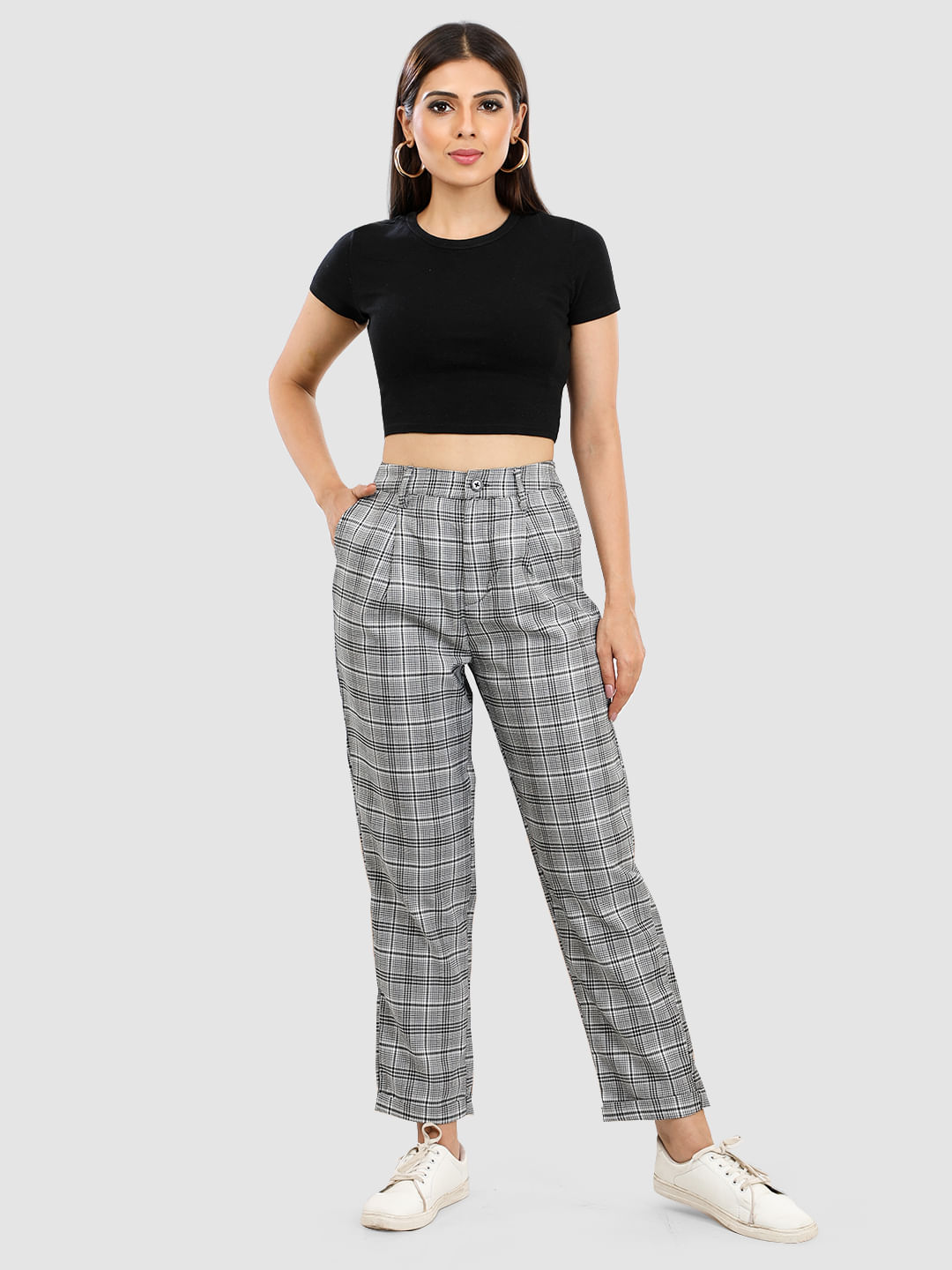 High Waisted Check Cigarette Pants - Brushed Cotton - Tartan Trousers -  Brown | eBay