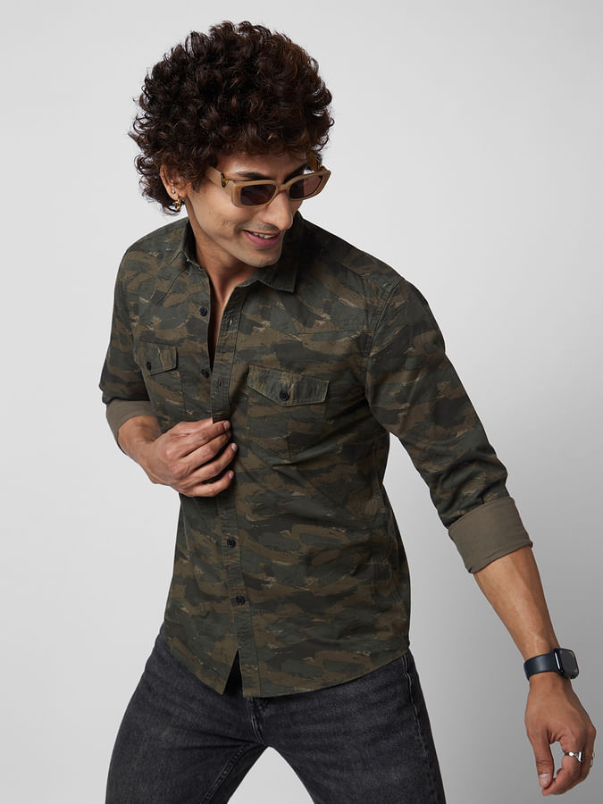 Army Green Printed Double Pocket Overshirt
