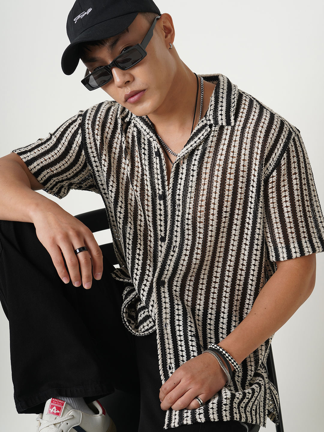 Exquisite Black Crochet Striped Oversized Shirt