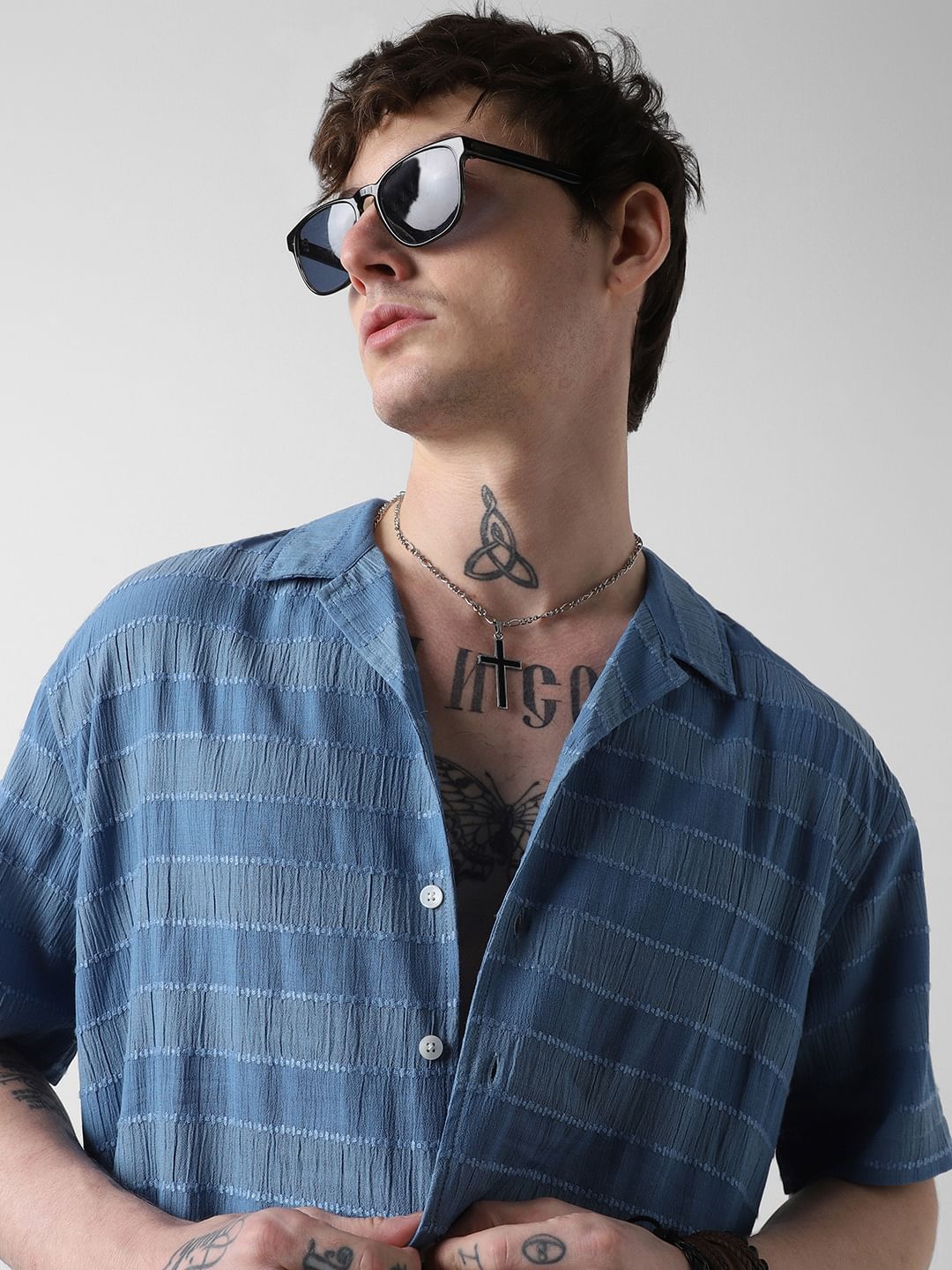 Azure Dobby Striped Notch Collar Oversized Shirt