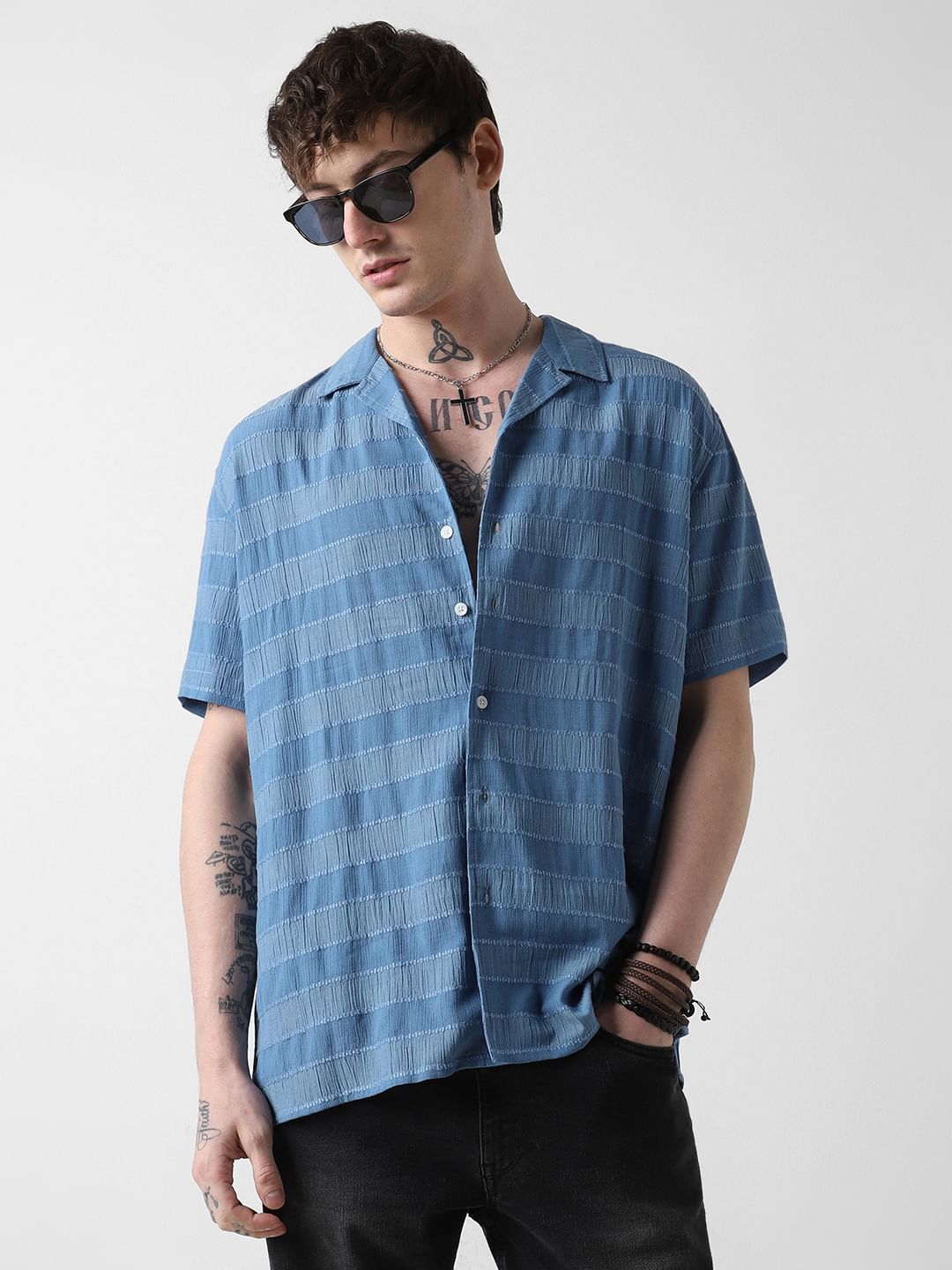 安価 Azure Dobby Shirt Oversized Collar Notch Striped トップス