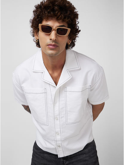 White Oversized Double Pocket Cropped Shirt