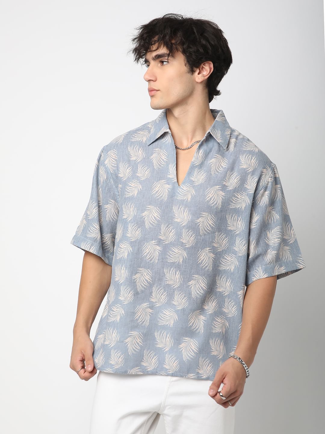 Powder Blue Coco Leaf Printed Burlap Oversized Polo Shirt Powder Blue Coco Leaf Printed Burlap Oversized Polo Shirt