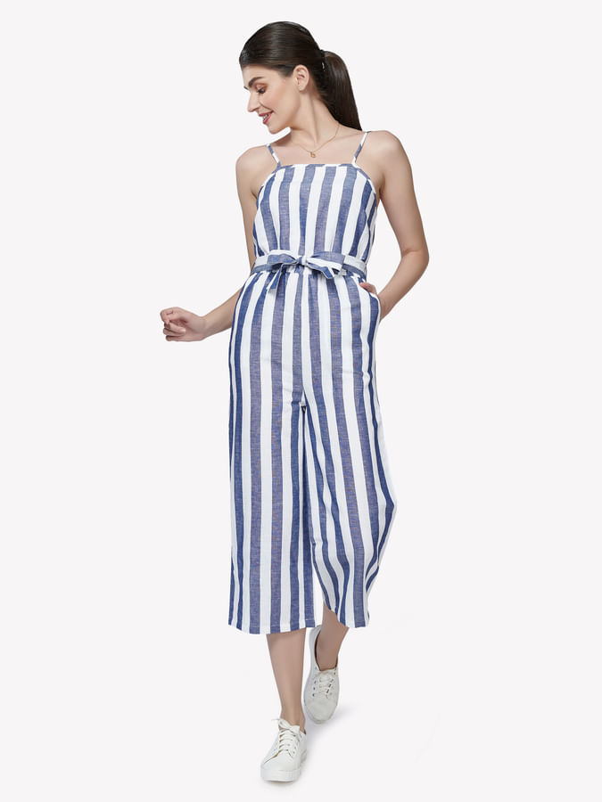 Textured Blue Striped Jumpsuit