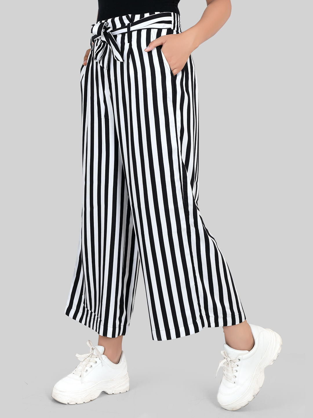Black Stripe Satin Wide Leg Trousers | New Look