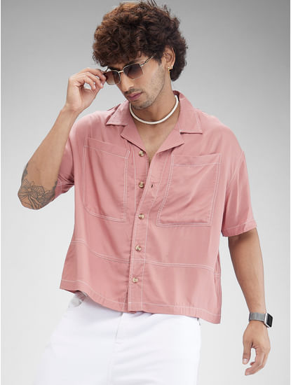 Peach Pink Double Pocket Oversized Cropped Shirt