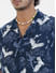 Navy Crane Printed Notch Collar Oversized Shirt