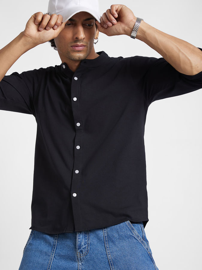 Knitted Black Mandarin Collar Shirt