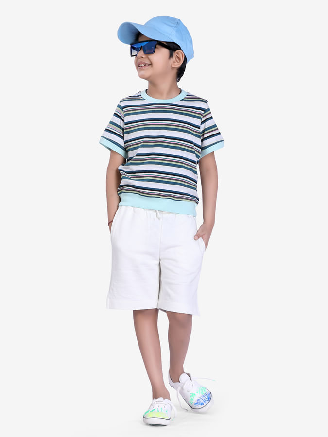 Contrast rib with multicolour striped tee for boys