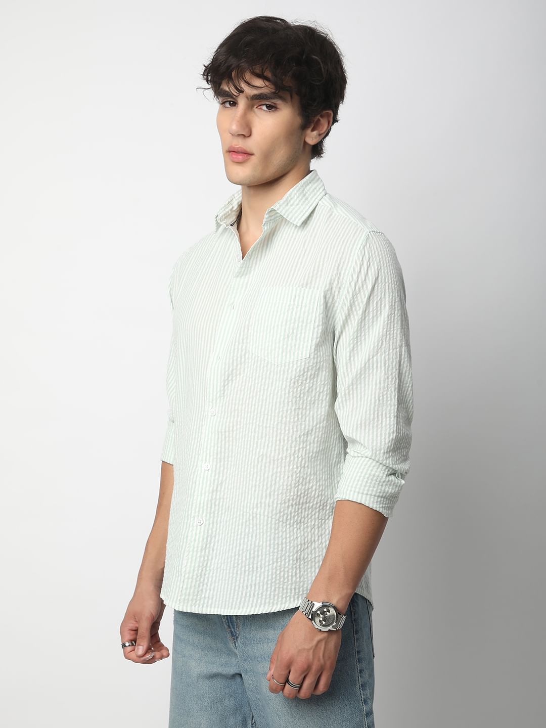 人気新品 Sea-foam Shirt Striped Seersucker Green トップス