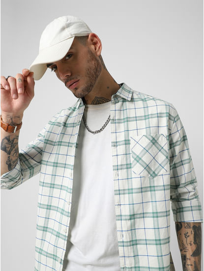 Green & Off-White Checked Shirt