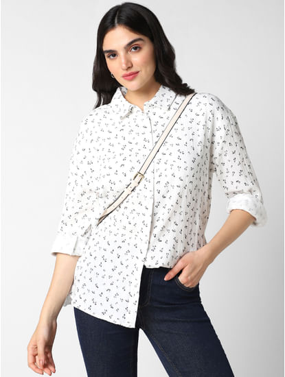 White Double Cloth Floral Printed Oversized Shirt