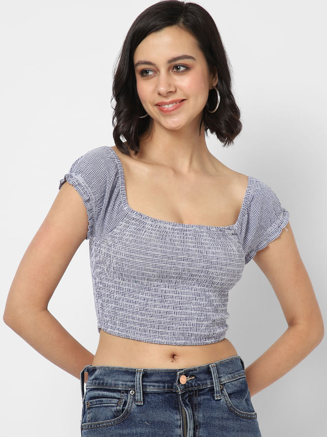 Tiny Blue Checked Crop Top