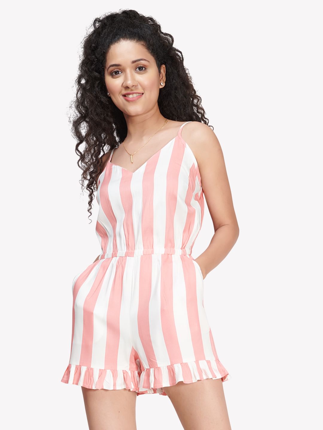 pink and white striped playsuit