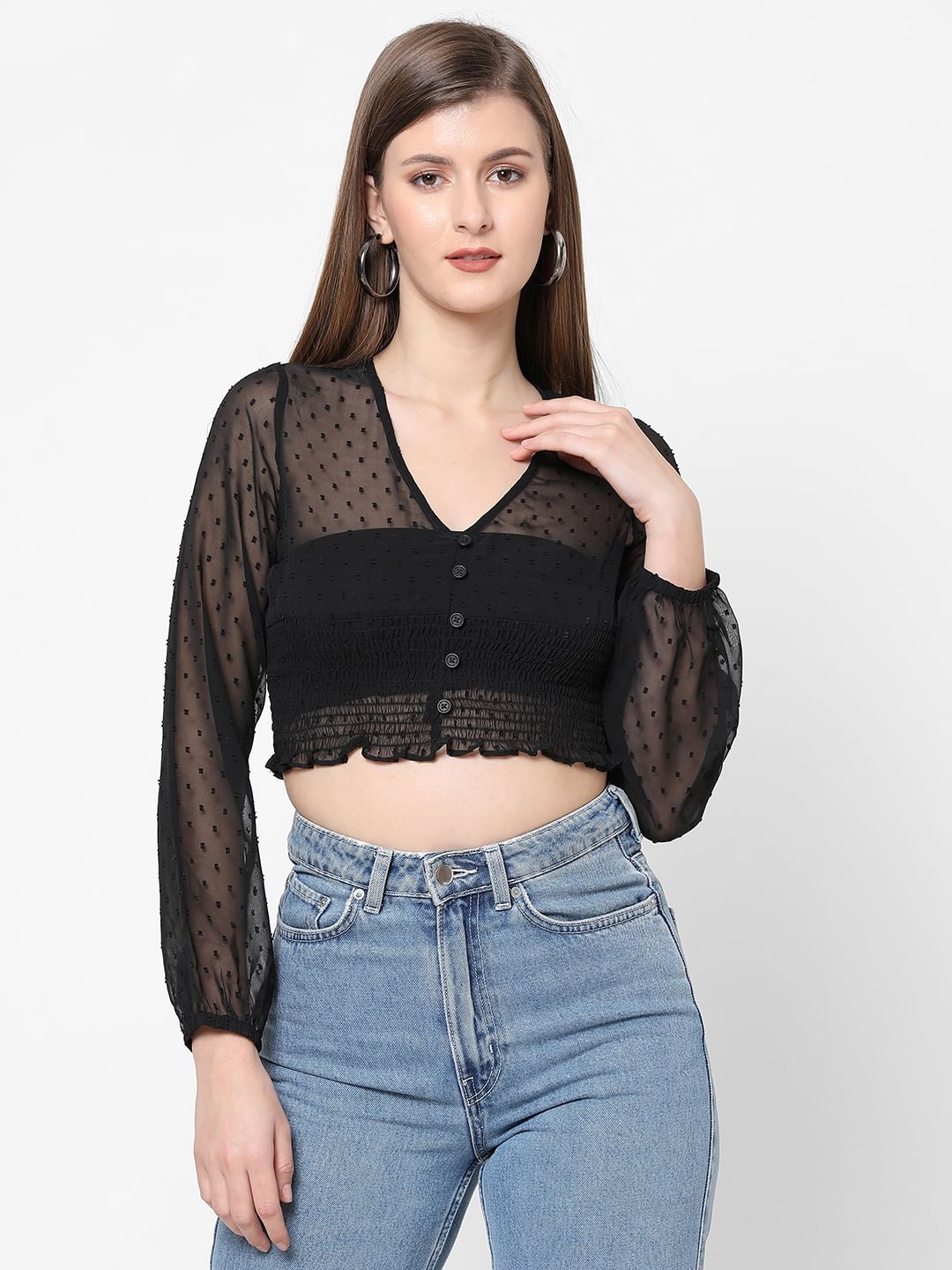 Black Smocked Waist Crop Top