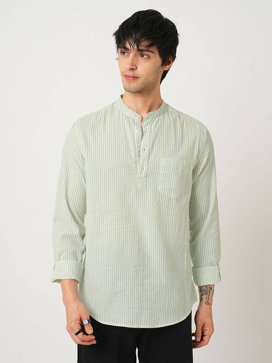 Mint Green Striped Seersucker Kurta