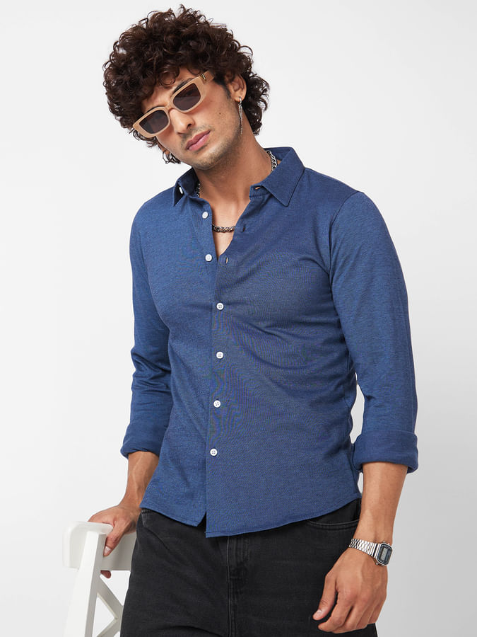 Knitted Blue Solid Shirt
