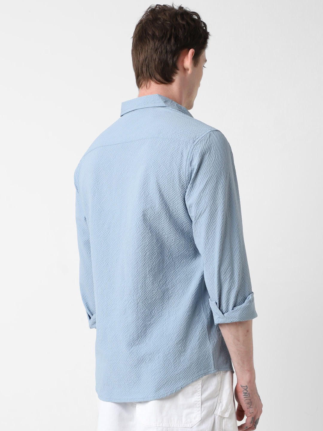 Cadet Blue Seersucker Tiny Checked Shirt