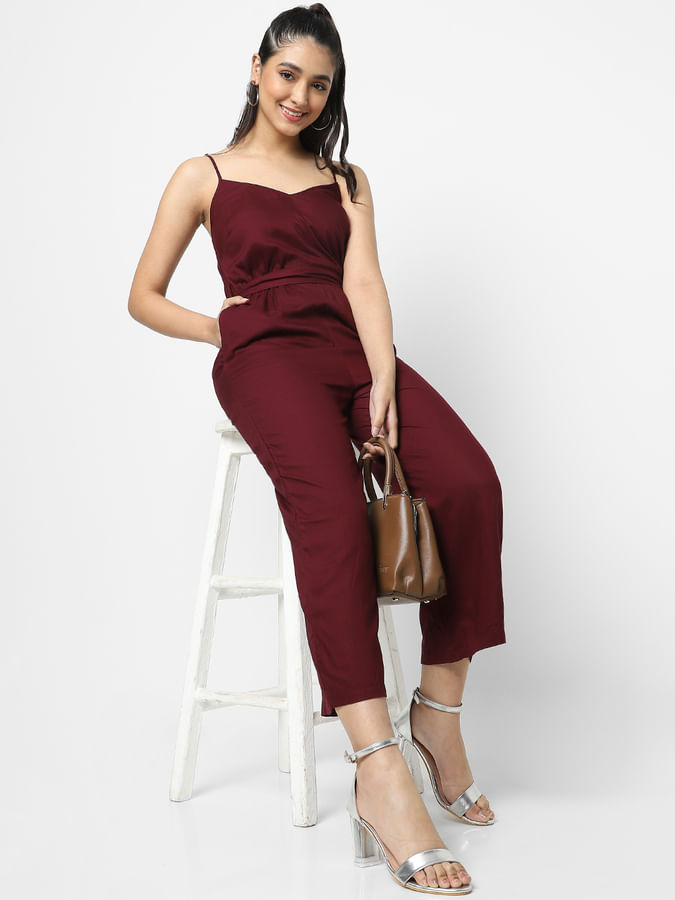 Solid Maroon Long Jumpsuit