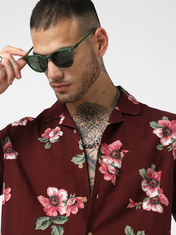 Maroon Floral Printed Oversized Shirt