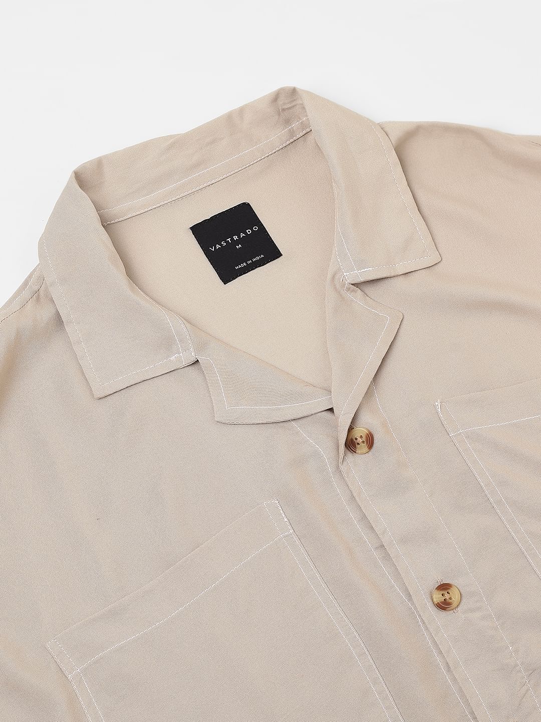 Beige Double Pocket Oversized Cropped Shirt