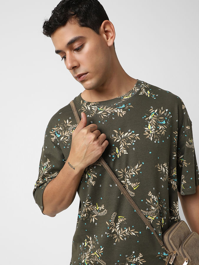 Army Green Floral Oversized T-Shirt