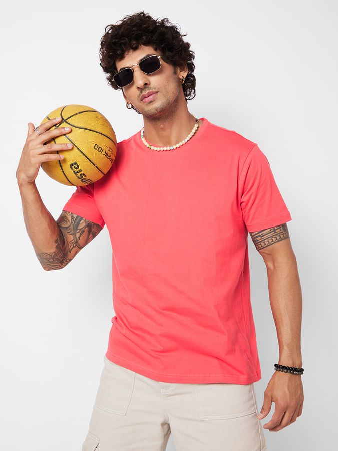 Solid Coral Round Neck T-Shirt