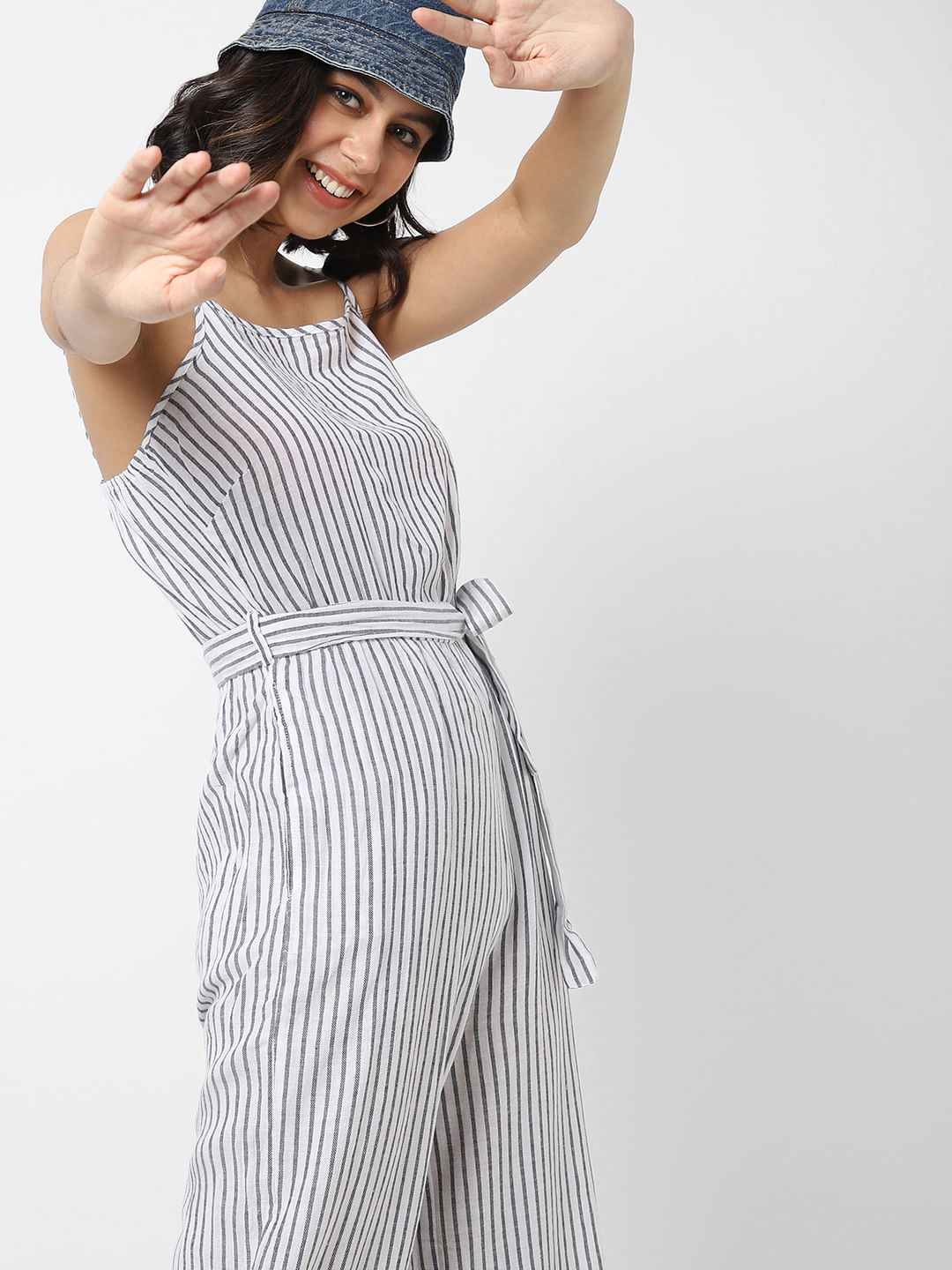 Grey and white store striped jumpsuit