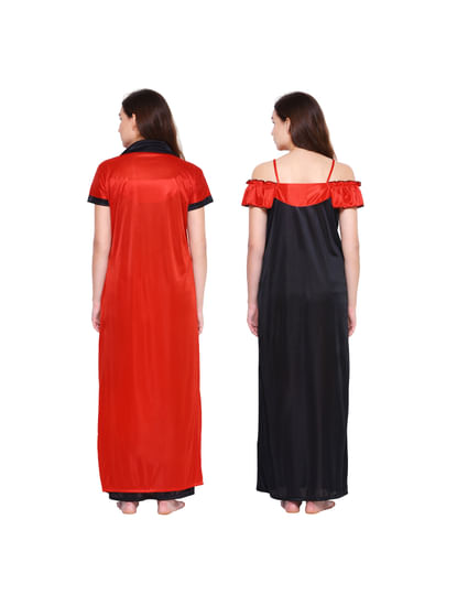 Secret Wish Women's Red-Black Solid Satin Nightdress 