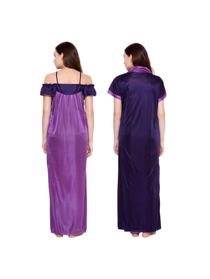 Secret Wish Women's Purple Solid Nightdress with Robe 