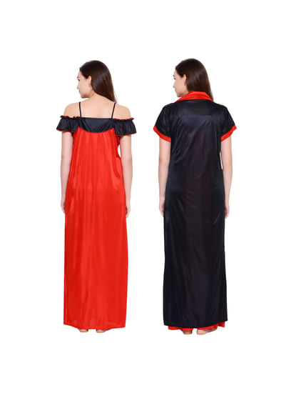 Secret Wish Women's Satin Black-Red Nighty with Robe (Free Size)